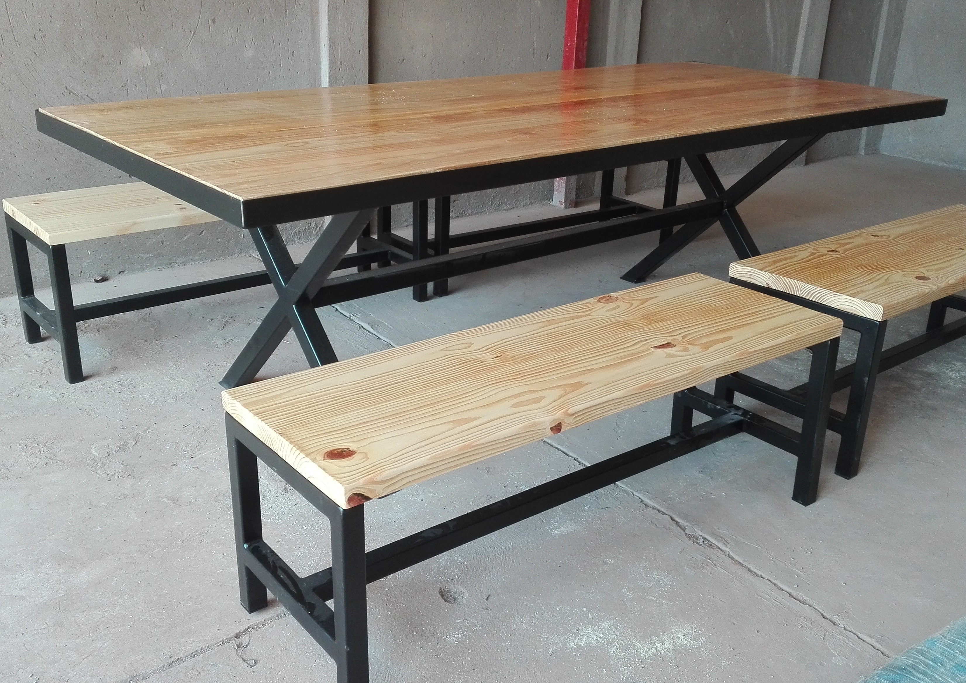 Steel and wood table and benches